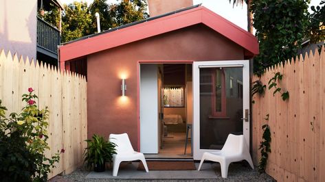 The renovation turned a run-down backyard structure into a wonderfully funky celebration of mundane building vernacular 400 Sf Adu, Small Adu Layout, Adu Office Ideas, Alternative Dwelling Unit, Adu Entrance, Adu Designs Modern, 400 Sq Ft Adu, Casitas Guest House Interior Design, Adu Backyard Ideas