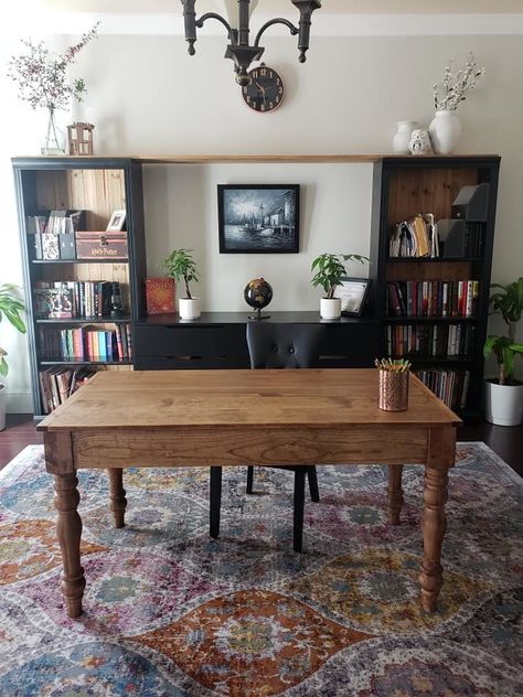 Farmhouse Table Turned Desk, Antique Table As Desk, Farmhouse Table Desk, Table Used As Desk, Dining Table Used As Office Desk, Writing Table Ideas, Table Into Desk, Dining Table As Desk, Table Desk Ideas