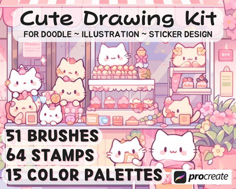 51 Procreate Brushes Cute Kawaii Drawing Kit, Color Palettes, Animals Stamp Brush sets Bundle | For Doodles illustrations stickers Kawaii Procreate Brush, Cute Procreate Brushes, Procreate Cute Drawing, Korean Cute Drawing, How To Draw Kawaii, Cute Kawaii Drawing, Doodles Kawaii, Kawaii Kitchen, Drawing Kit