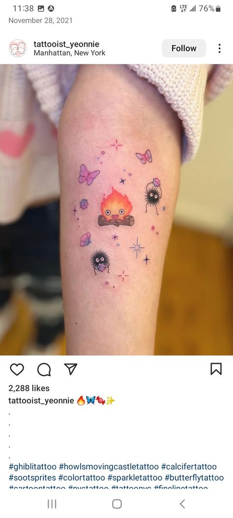 Calsifer Howl Tattoo, Calcifer Tattoo, Howls Moving Castle Tattoo, Howl's Moving Castle Tattoo, Ghibli Tattoos, Sparkle Tattoo, Studio Ghibli Tattoo, Castle Tattoo, Ghibli Tattoo