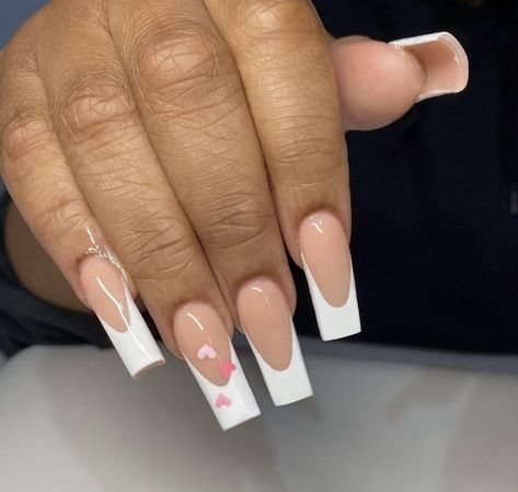 Valentines Nails Acrylic French Tips, White French Tip Nails With Pink Hearts, French Tip Ombre Nails Coffin, Valentines Simple Nails, Pink French Tip Valentine Nails, Square Rhinestone Nails, White Simple Acrylic Nails, Nail Inspo Acrylic French Tip, Valentine Nails Square