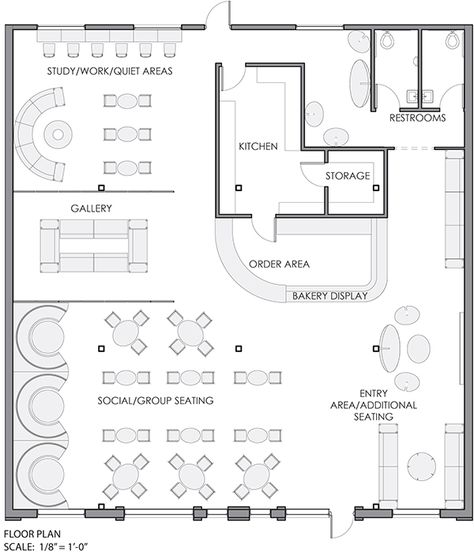 Coffea: Coffee Shop & Bakery (2014) on Behance Floor Plan Restaurant Coffee Shop, Cake Shop Layout Plan, Book Cafe Layout Plan, Cafe And Gallery, Coffee Shop Floor Plan With Dimensions, Bakery Cafe Floor Plan, Cafe Floor Plan With Dimensions, Cafe Kitchen Design Layout Coffee Shop, Fancy Restaurant Layout