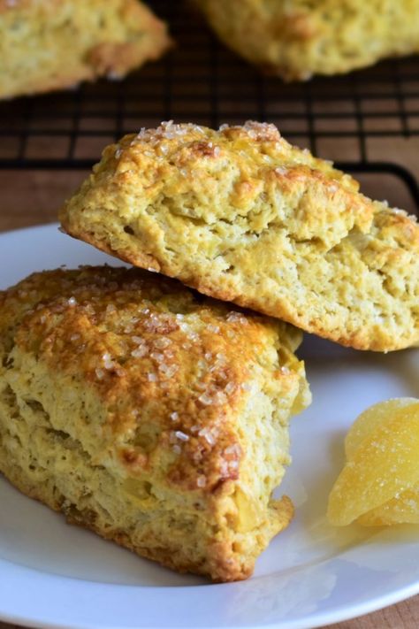 Ginger Scones | "A light and buttery scone with a good hit of ginger flavor." #breakfastrecipes #brunchrecipes #breakfastideas #brunchideas #pastries #pastryrecipes #breakfastpastries Ginger Scones Recipe, Ginger Scones, Lemon Poppy Seed Scones, Healthy Scones, Scones Recipe, Homemade Applesauce, Fall Breakfast, Lemon Poppyseed, Scone Recipe