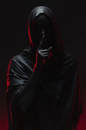 ↑↑↑ Larger size on website 🔸 A shadowy figure cloaked in black, their face obscured, raises a single finger to their lips in a ge Shadowy Figures, Dark Background, Cloak, Dark Backgrounds, Art Images, Lips, Black