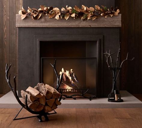 Dark Fireplace Wall, Modern Rustic Fireplace, Ivy Kitchen, Bronze Fireplace, Acorn Decor, Fireplace Log Holder, Fireplace Diy, Hygge Design, Western Gothic