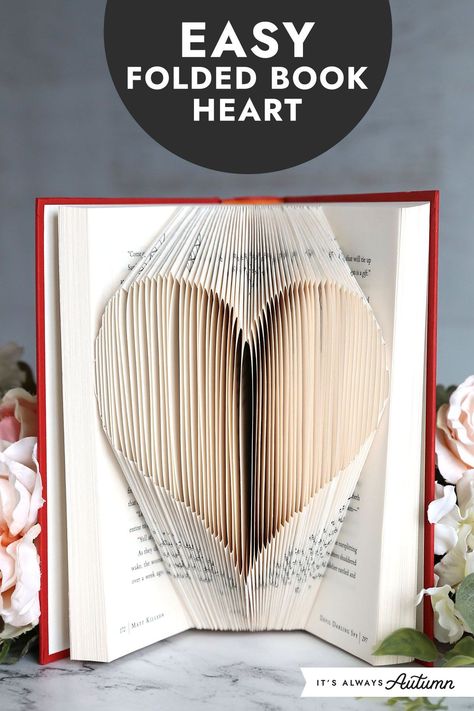 Turn an old hardback book into a cute Valentine's Day decoration with this heart book folding tutorial. Book Origami Folding, Diy Old Books Crafts, Folding Book Pages Free Pattern, Book Page Folding, Valentines Sculpture, Book Folding Patterns Free Templates, Book Folding Templates, Book Folding Patterns Free, Diy Old Books