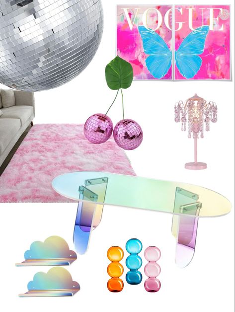 Barbie Y2K Living Room Decor Barbie Aesthetic Barbiecore Pink Iridescent Coffee Table Viral Iridescent Cloud Floating Shelves Barbie Inspo Pink Fluffy Rug Disco Ball Retro Disco Ball Coffee Table, Y2k Interior Design, Y2k Interior, Ball Coffee Table, Cherry Disco, Vogue Wall, Maximalist Room, Interior Design Accessories, Pink Chandelier