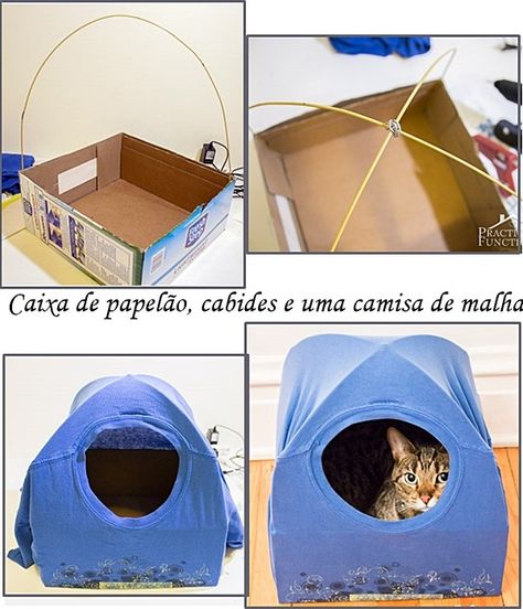 Uma casa para o gatinho com uma caixa de papelão, cabides e uma camisa de malha! E tem mais 11 ideias neste post. É só clicar! Diy Cat Tent, Katt Diy, Kat Haken, Diy Cat Bed, Katt Grejer, Cat Toilet Training, Kat Diy, Chat Diy, Cardboard Cat House