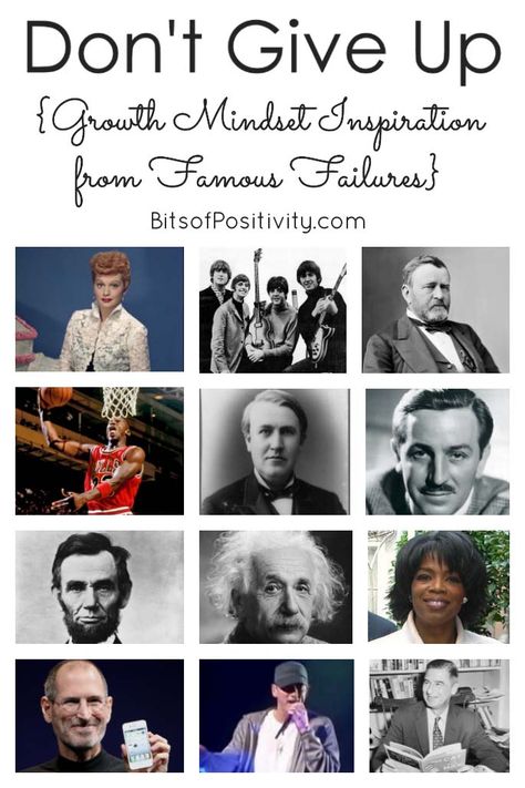 Growth mindset inspiration from famous failures - don't give up! - Bits of Positivity #growthmindset #famousfailures #failure #inspiration Famous Failures Bulletin Board, Growth Mindset Activities Elementary, Elsa Room, What Is Growth Mindset, Famous Failures, Growth Mindset Resources, Growth Mindset Activities, Habits Of Mind, Mindset Inspiration