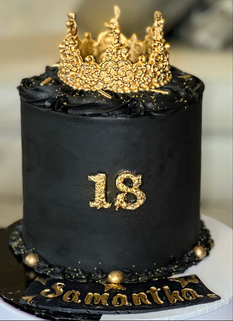 This cake 8 inch cake is frosted with Swiss meringue buttercream and topped with a golden fondant, handmade crown. Black Cake With Crown, Black Theme Cake, Black Fondant Cake, Fondant Crown, Black Buttercream, Chocolate Swiss Meringue Buttercream, Black And Gold Cake, Melon Cake, Double Layer Cake