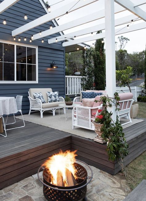 Deck With Blue House, Dark Blue House With Deck, Blue Colored House Exterior, Blue House With Deck, Deck Colors For Blue House, Beach Pergola, Beach Shack Exterior, Recover Chairs, Blue House Exterior