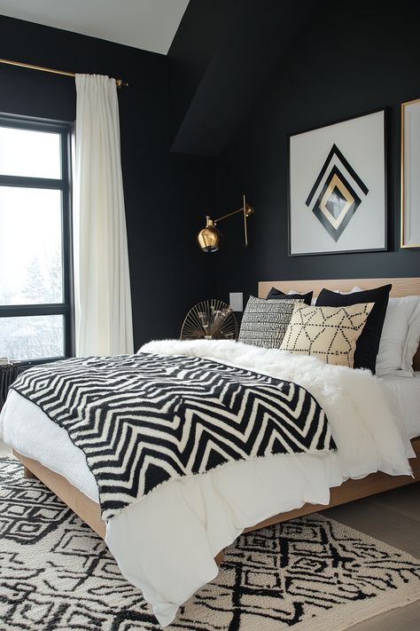 13 Black, White, And Gold Bedroom Designs You’ll Adore - DreamyHomeStyle White And Gold Bedroom, Black White And Gold Bedroom, White Guest Bedroom, Black White And Gold, Gold Bedroom, Bedroom Designs, Guest Bedroom, Out Of Style, Black And Gold