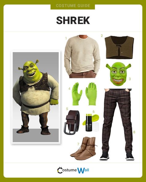 Shrek Costume Shrek Costume Diy, Shrek And Fiona Costume, Fiona Costume, Green Face Paint, Shrek Costume, Medieval Shoes, Got Costumes, Costume Guide, Nitrile Gloves