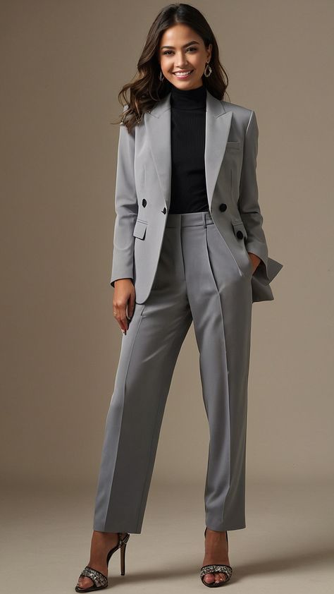 Poses In Formals Women, Suite For Women Stylish, Women Grey Suit, Formal Suits For Women Business Professional, Grey Suits For Women, Tailored Suits Women, Grey Womens Suit, Formal Poses Women, Grey Suit For Women