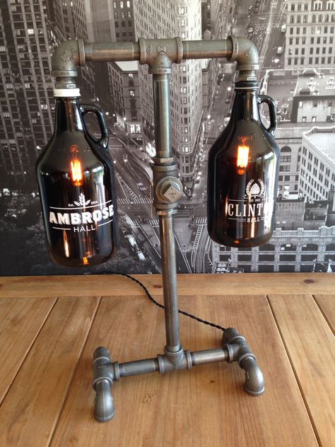 Custom beer growler lamp by the vintage bulb, LLC. Growler Decor, Funky Lights, Brewery Decor, Beer Decor, Beer Decorations, Brewery Bar, Shelf Lamp, Bar Lights, Brewery Design