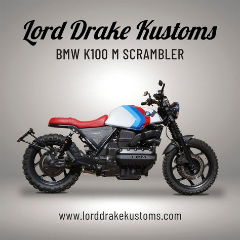 This is a BMW K100 customized by Lord Drake Kustoms in a Scrambler style. Bmw K100 Scrambler, Bmw M Colors, Bmw M Series, Bmw K100, Bmw Scrambler, S Car, Custom Motorcycle, Custom Motorcycles, Cafe Racer