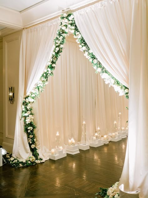 Ballroom Entrance, Wedding Reception Ballroom, White Candles Wedding, Derby Decor, Backdrop Inspiration, Wedding Reception Entrance, Draping Ideas, Candles White, Reception Entrance