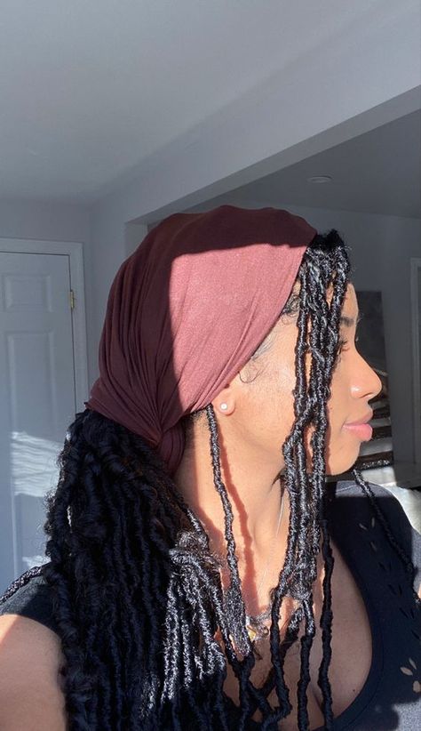 36 Beautiful Soft Locs Hairstyles For 2023 - Happily Curly Head Wrap Faux Locs, Faux Locs Wrap Styles, Faux Locs Head Wrap, Aesthetic Loc Hairstyles, Soft Locs With Head Wrap, Headwrap Locs Styles, Bandana Hairstyles With Locs, Dreads Head Wrap, Faux Locs Headwrap Styles