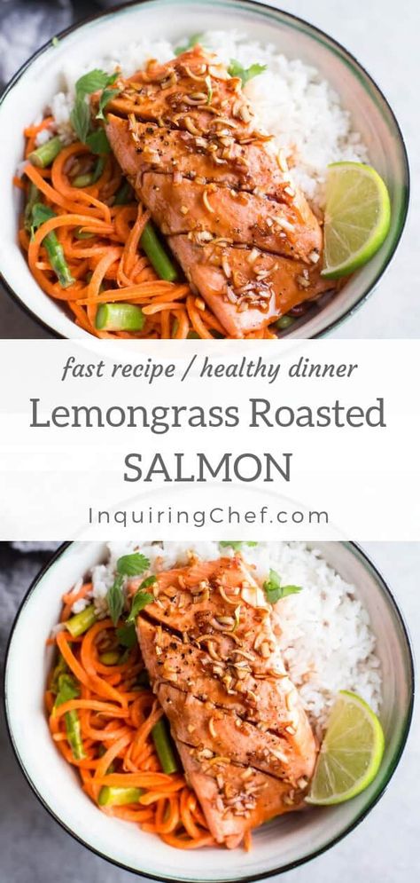 Lemongrass Marinade, Healthy Dinner Easy, Salmon For Dinner, Roasted Salmon Recipes, Lemongrass Recipes, Thai Salmon, Easy Thai Recipes, Recipe Healthy Dinner, Cooked Fish