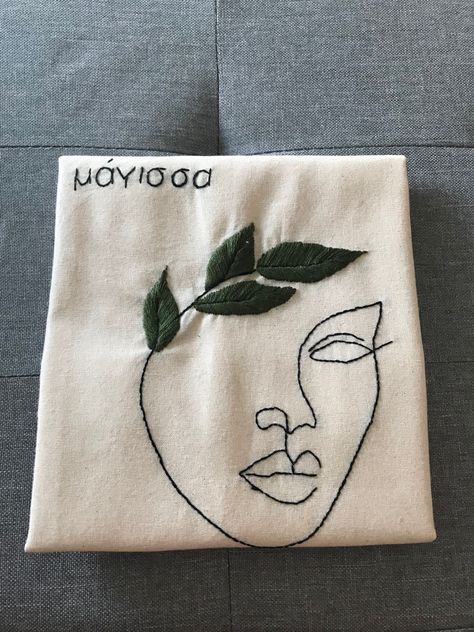 embroidery, face and leaves embroidery, greek embroidery Embroidered Faces Simple, Greek Embroidery, Embroidery Face, Flag Ideas, Leaves Embroidery, Face Embroidery, Wine Cork Crafts, Simple Face, Cork Crafts