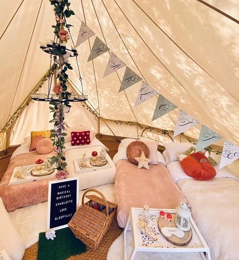 Bell Tent Interior, Bff Sleepover, Tent Interior, Glamping Birthday Party, Glamping Birthday, Slumber Party Birthday, Kids Sleepover, Canvas Bell Tent, Indoor Tents