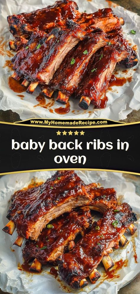 These Baby Back Ribs are fall-off-the-bone tender, coated in a smoky rub, and finished with a sweet and tangy barbecue glaze. Perfect for an easy, indoor BBQ! Ingredients: 1 rack baby back ribs 1 tbsp smoked paprika 1 tsp garlic powder 1/2 cup barbecue sauce A tender and flavorful rib recipe that’s perfect for any occasion! Beef Ribs In Oven, Bbq Ribs In Oven, Babyback Ribs In Oven, Back Ribs In Oven, Best Baby Back Ribs, Ribs Recipe Oven, Oven Cooked Ribs, Best Bbq Ribs, Rib Rub Recipe