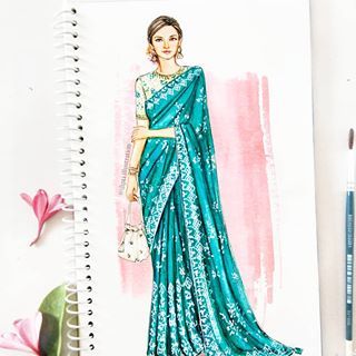 Elegance and tradition woven together in this beautiful saree from #odyssey #aw18 collection by @anitadongre jewelry by @anitadongrepinkcity @ariannahuff #fashionillustration #saree #bridalcouture #indianwedding #anitadongre #pinkcity #huffingtonpost #indianjewellery #fashiondesigner Saree Croquis, Bridal Salwar, Vintage Fashion Sketches, Lehenga Bridal, Fashion Design Drawing, Fashion Illustration Tutorial, Suit Salwar, Dress Illustration, Fashion Drawing Tutorial