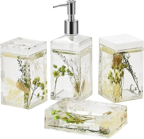 Locco Decor 4 Piece Acrylic Liquid 3D Floating Motion Bathroom Vanity Accessory Set Green Plants Bathroom Vanity Accessories, Mason Jar Soap Dispenser, Acrylic Liquid, Automatic Soap Dispenser, Vanity Accessories, Bath Storage, Bathroom Accessory Sets, Bathroom Accessory Set, Lotion Dispenser