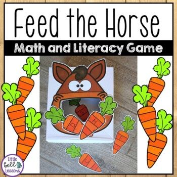 This Feed the Horse math and literacy game is so fun and a great way for students to practice letters, letter sounds, counting, and addition! Perfect for PreK, Kindergarten, and First Grade students! This farm themed activity makes a great math or literacy center! Students take turns picking carrots with letters (uppercase and lowercase letters are included) and must say the letter name or the letter sound before they feed the horse.  Students could also roll a die and feed the horse that number Farm Animal Language Activities Preschool, Fun Horse Activities, Farm Themed Activities For Kids, Preschool Horse Activities, Horse Activities For Toddlers, Farm Literacy Activities Preschool, Horse Activities For Preschool, Farm Animals Activities For Toddlers, Farm Math Preschool