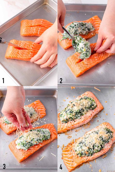 Spinach Cream Cheese Salmon, Salmon Stuffed Baked Potato, Creamed Spinach Stuffed Salmon, Creamy Spinach Stuffed Salmon, Stuffed Salmon Recipes Spinach Baked, Salmon Ricotta Recipes, Stuff Salmon With Spinach, Stuffed Salmon Recipes Spinach, Salmon And Spinach Recipes