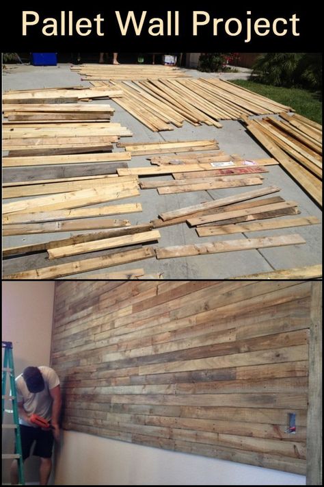 Put up a pallet wall with this easy and inexpensive DIY project! Bar Pallet, Timber Feature Wall, Diy Pallet Decoration, Diy Pallet Wall, Wood Pallet Wall, Prayer Wall, Pallet Decor, Pallet Wall, Recycled Pallets