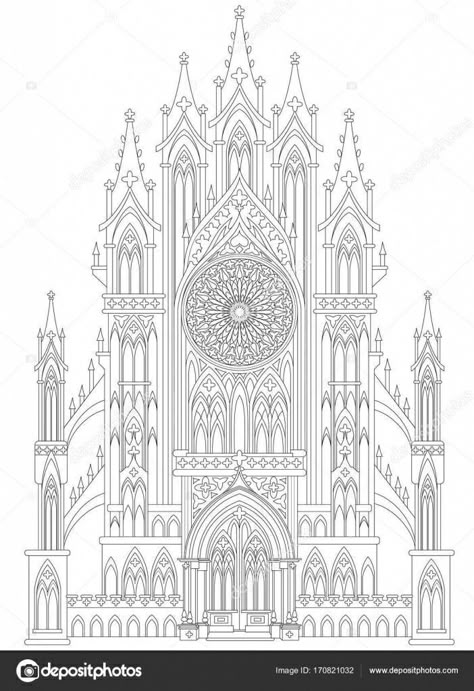 Castle Black And White, Cathedral Tattoo, Castle Coloring Page, Castle Black, White Page, Hipster Drawings, White Gothic, Architecture Blueprints, Coloring Worksheet