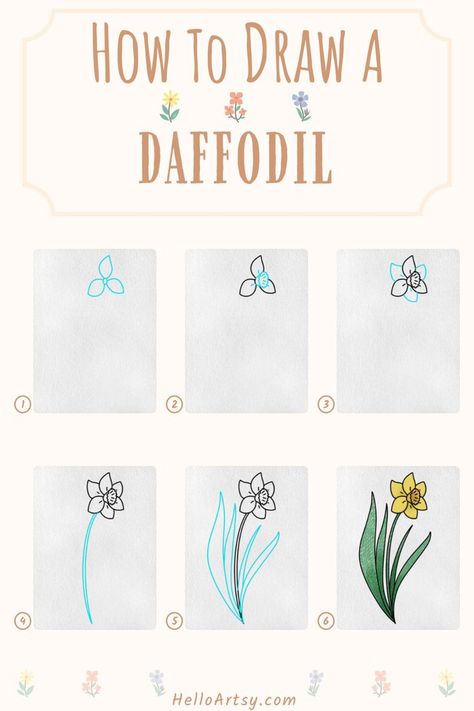 Step by step lesson teaching kids a how to draw a daffodil Flower Drawing Tutorial Step By Step, Christmas Bells Drawing, Flower Drawing For Kids, Easy Flower Tutorial, Daffodil Craft, Simple Flower Drawing, Color Mixing Guide, Easy Flower Drawings, Cute Ladybug