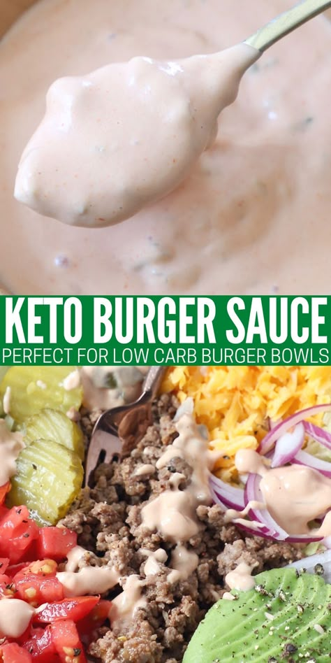 Make THE BEST classic burger sauce at home with this 4 ingredient recipe that's low carb and easy to make in only 5 minutes! This "secret sauce" is perfect for topping burgers, bowls and more. Bunless Burger Ideas, Bunless Burgers, Keto Sauce, Burger Sauces Recipe, Smash Burger Recipe, In And Out Burger, Bunless Burger, Classic Burger, Low Carb Burger