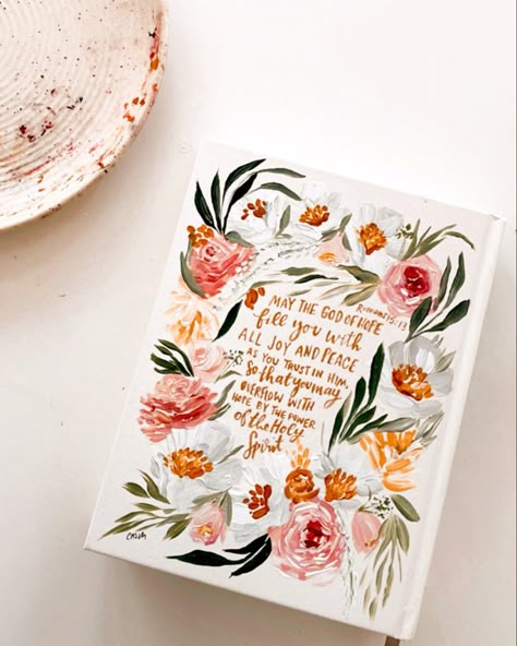 Watercolor Journal Cover, Bible With Flowers, Painting My Bible Cover, Boho Painted Bible, Painted Scripture Cover, Watercolor Scripture Art, Custom Painted Bible, Floral Scripture Art, Hand Painted Bible Cover