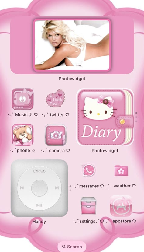 Digital Y2k Aesthetic, Y2k Home Screen Layout, Y2k Themed Phone, 2000s Iphone Layout, 2000s Phone Layout, Mcbling Phone Layout, Y2k Ios Layout, Y2k Phone Theme, Phone Layout Pink