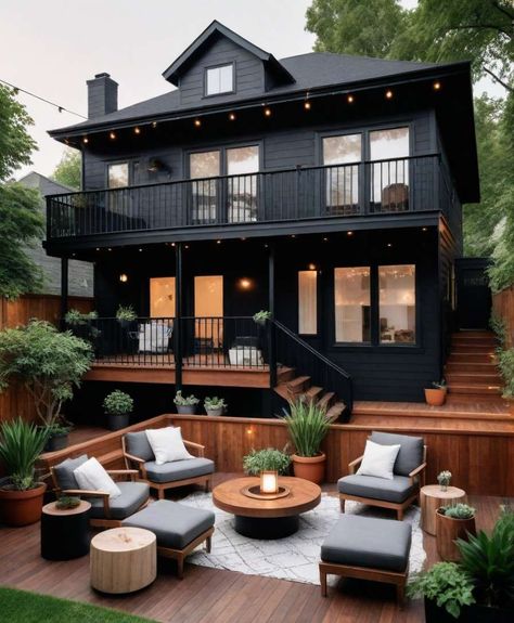 Top 8 - Finding Your Deck's Best Stain Color: Advice and Ideas Deck Colors For Black House, Deck Stain Colors, Deck Stain, Garage Guest House, Black Houses, Cabin Exterior, Dark House, Deck Designs Backyard, Staining Deck