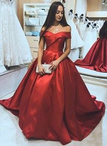 Red Ball Gown Elegant, Red Prom Dress Ballgown, Red Bride Dress, Red Prom Gown, Knot Board, Red Satin Prom Dress, Red Satin Gown, Off The Shoulder Prom Dress, Red Formal Gown