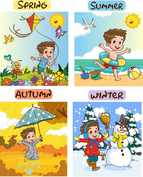 Vector illustration of Four Seasons With Cartoon Kid Season Drawings Ideas, 4 Seasons Worksheets For Kids, 4 Seasons Drawing, Winter Season Drawing, Summer Season Images, Seasons For Kids, Season Worksheet, Seasons Drawing, Seasons Clipart