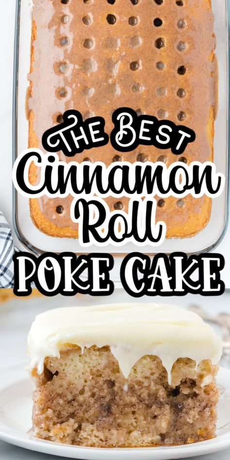 Cinnamon Roll Poke Cake starts with a box of cake mix and followed by a creamy cinnamon sugar filling and topped off with a delicious cream cheese frosting. This easy sheet cake will soon become a family favorite recipe! Carmelized Chuck Roast In Oven, East Birthday Cakes, Butter Recipe Cake Mix Recipes, Pole Cake Recipes, Old Appalachian Recipes, Strawberry Poke Cake With Pudding, Easy Refreshing Desserts, Cake Mix Poke Cake Recipes, Last Minute Desserts Quick