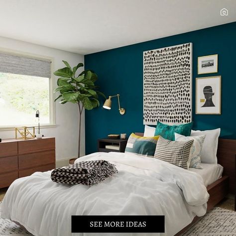 Teal Bedroom Accents, Wallpaper Bedroom Accent Wall, Teal Wall Bedroom, Teal Accent Wall Bedroom, Teal Wallpaper Bedroom, Teal Blue Bedroom, Teal Bedroom Walls, Dark Teal Bedroom, Orange Bedroom Ideas