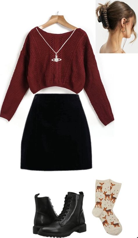 Christmas Skirt And Sweater Outfit, Fall Outfits Women College, Work Christmas Meal Outfit, Bronwyn Rojas Outfit, Dark Red Outfit Casual, Red Edgy Outfit, Red Hair Aesthetic Outfit, Girly Edgy Outfits, Cherry Outfit Ideas