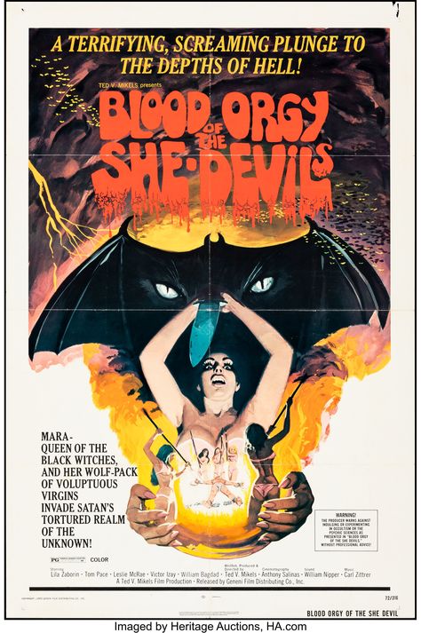 Blood Orgy of the She-Devils (Geneni, 1972). Folded, Fine/Very Fine. One Sheet (27" X 41"). Horror. Starring Lila Zaborin, Victor Izay, Tom Pace, Leslie McRae, William Bagdad, Ray Myles, Kebrina Kincade, and Paul Wilmoth. Directed by Ted V. Mikels. World's Largest Collectibles Auctioneer Horror Vhs, Sunday Movies, Vhs Cover, Classic Films Posters, Movie Horror, Film Posters Vintage, Horror Posters, Black Witch, Movie Director