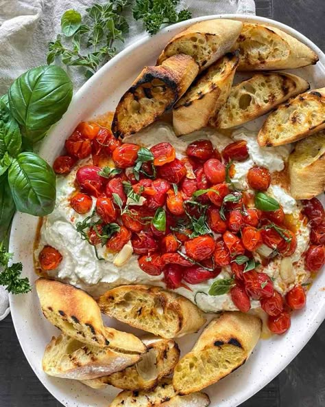 Lunch Dishes For A Crowd, Whipped Feta Dinner Recipes, Roasted Tomatoes And Feta Dip, Roasted Tomato Feta Dip, Roasted Tomatoes Appetizer, Simple Dinner Appetizers, Whipped Feta With Tomatoes, Whipped Feta Dip With Roasted Strawberries, Whipped Feta With Tomatoes And Cucumbers