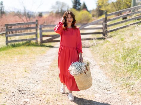 Bright Floral Dress, Jillian Harris, Fresh Dress, Mock Neck Sweater Dress, Satin Shirt Dress, Floral Long Sleeve Shirt, Abstract Print Dress, Fresh Orange, Red Maxi