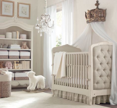 The upholstered Colette Crib ($879, originally $1,099) is inspired by a Louis XV antique and could serve as a sumptuous first bed for a baby boy or girl. Bed Crown, Restoration Hardware Baby, White Crib, Beautiful Nursery, Baby Bedroom, Everything Baby, Baby's Room, Nursery Inspiration