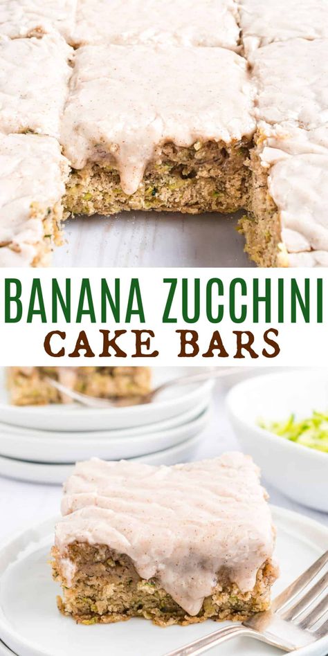 Grab some fresh zucchini from your garden, the farm stand or your grocery store. These Zucchini Banana Bars with a creamy cinnamon glaze are begging to be made! Zucchini Breakfast Bars, Banana Zucchini Bundt Cake, Gluten Free Banana Zucchini Cake, Zucchini Banana Cake Recipe, Zucchini Banana Bars, Banana And Zucchini Recipes, Gluten Free Zucchini Bars, Zucchini And Banana Recipes, Zucchini Banana Recipes