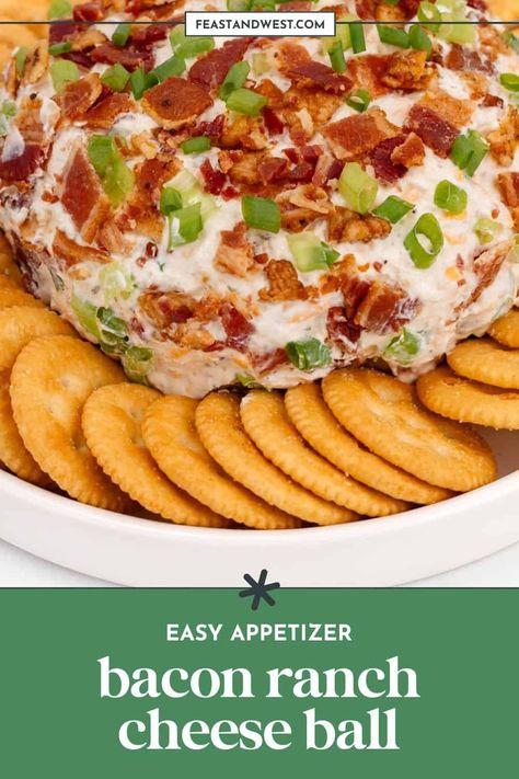 What’s not to love about a creamy ball of cheese that’s loaded with bacon? This is a wonderful make-ahead recipe. Save on prep time for parties and make this a day ahead of time and just chill it in the fridge until needed! https://feastandwest.com/bacon-ranch-cheese-ball/ Bacon Ranch Cheese Ball Recipe, Bacon Ranch Cheeseball, Ranch Cheeseball, Bacon Ranch Cheese Ball, Ranch Cheese Ball, Recipe With Sour Cream, Simple Appetizer, Cheese Ball Recipe, Bacon Appetizers