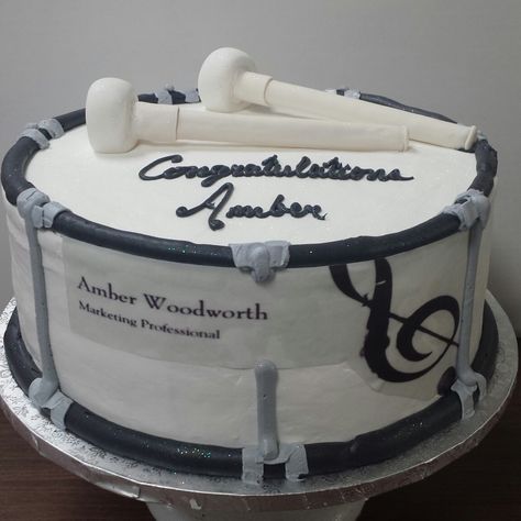 Graduation cake done in the style of a marching band drum. Edible image on side. Marching Band Cake, Band Cake, Groom Cake, Graduation Cake, Edible Images, Graduation Cakes, Grooms Cake, Event Ideas, Grad Party