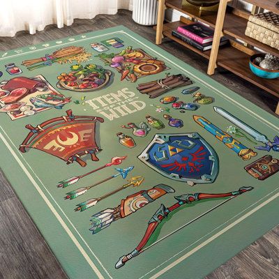 This durable area rug will surely make a style statement in any room. Add playful, colourful, or stylish graphics to effortlessly match your aesthetics. This area rug features hemmed edges and a coated backing, ready for any flat-lay design. | TeexCorp Legend Of Zelda Decor, The Legend Of Zelda Rug, Game Poster Rug, Gaming Room Decor, Home Decor, Custom Rug | CEXC1678 | Wayfair Canada Legend Of Zelda Wall Mural, Legend Of Zelda Bedroom Ideas, Legend Of Zelda Decor, Zelda Room Decor, Zelda Nursery, Zelda Bedroom, Zelda Room, Zelda Rug, Zelda Decor